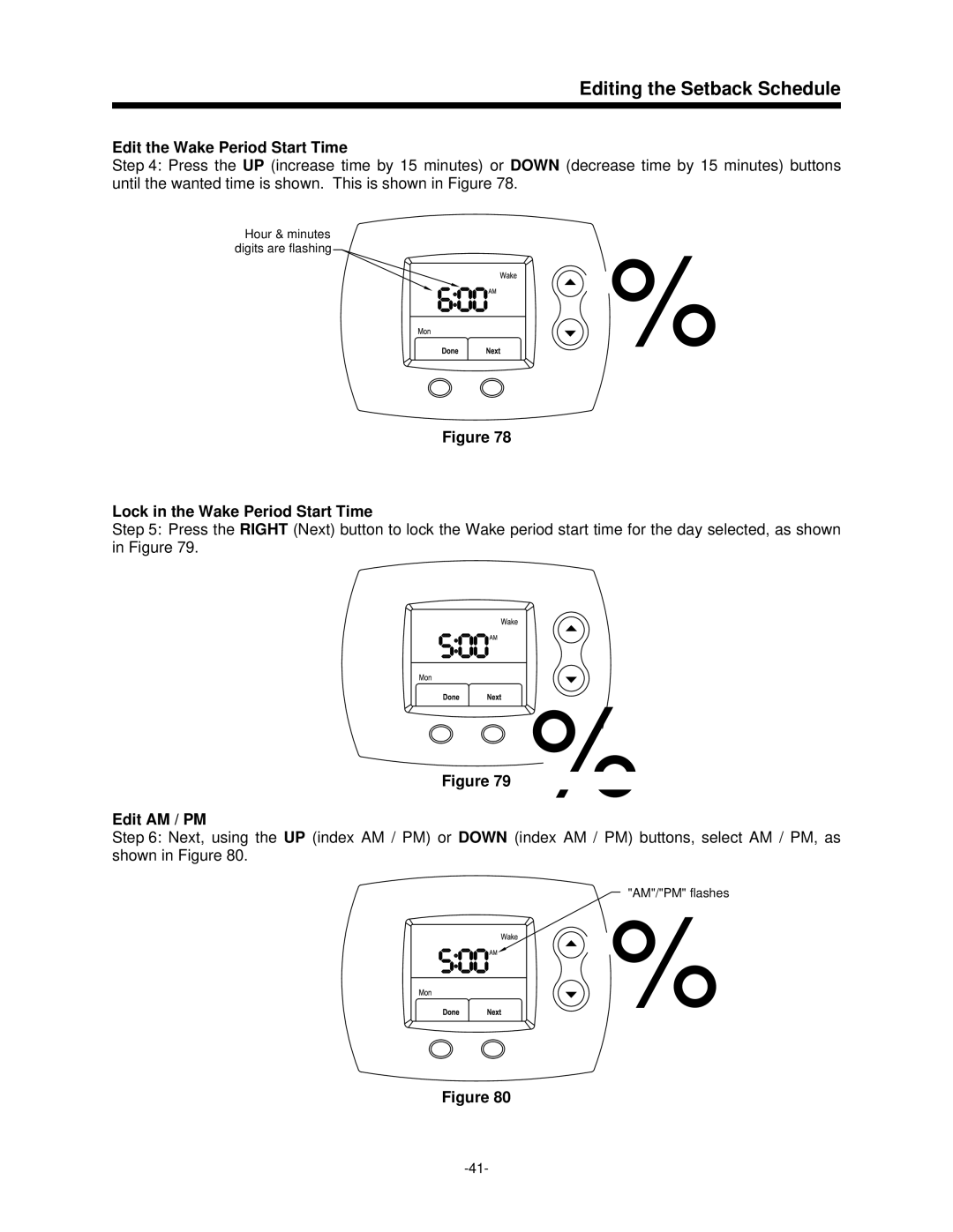 Bradford-White Corp 47808A Edit the Wake Period Start Time, Lock in the Wake Period Start Time, Edit AM / PM 