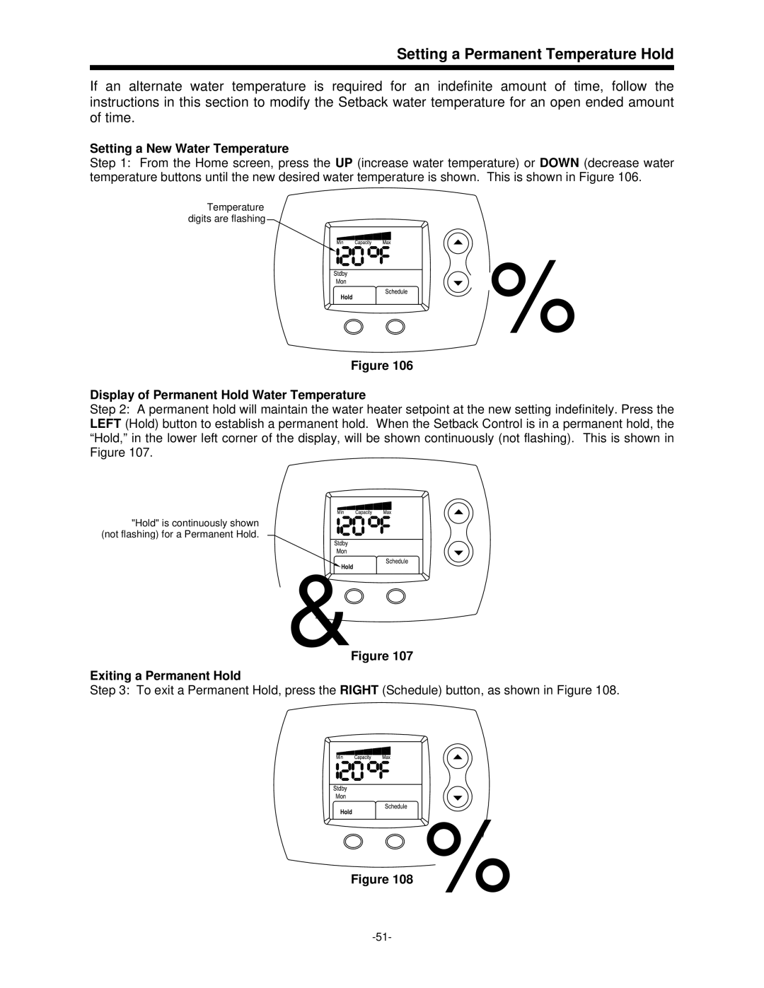 Bradford-White Corp 47808A Setting a Permanent Temperature Hold, Display of Permanent Hold Water Temperature 