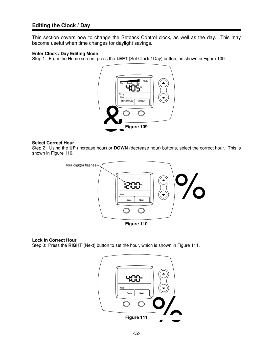 Bradford-White Corp 238-47808-00A, 47808A Editing the Clock / Day, Enter Clock / Day Editing Mode, Select Correct Hour 