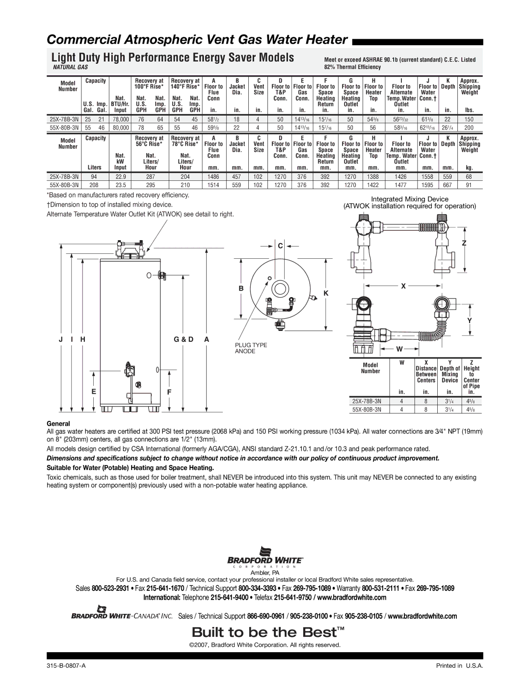 Bradford-White Corp 25X-78B-3N warranty General, Suitable for Water Potable Heating and Space Heating 