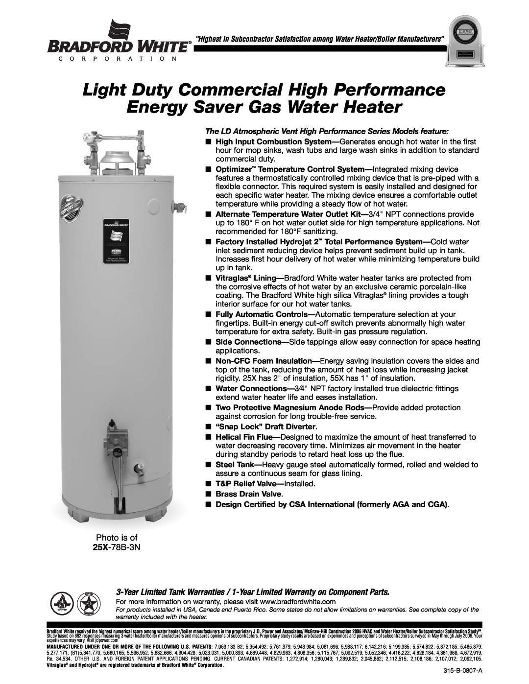 Bradford-White Corp 25X-78B-3N warranty Light Duty Commercial High Performance Energy Saver Gas Water Heater 
