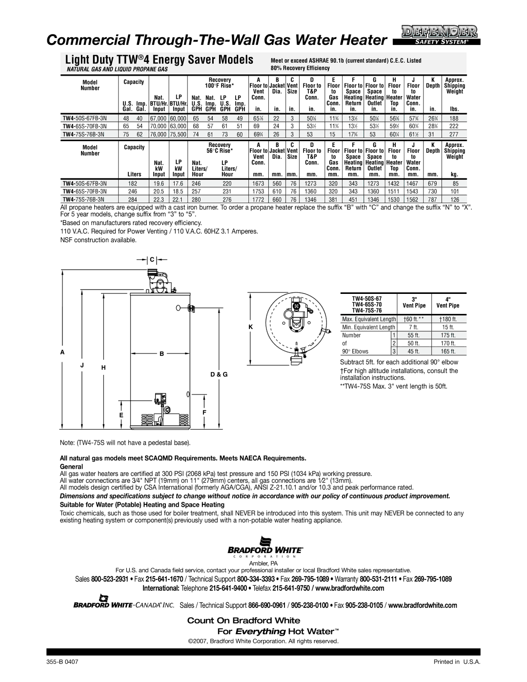 Bradford-White Corp 355-B warranty Commercial Through-The-Wall Gas Water Heater, Light Duty TTW 4 Energy Saver Models 