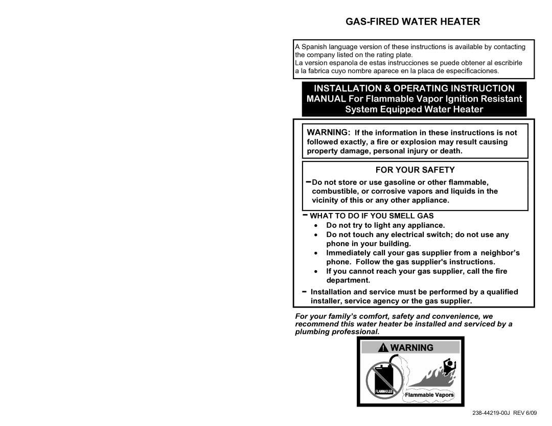 Bradford-White Corp 238-44219-00J, 44219J instruction manual For Your Safety, What to do if YOU Smell GAS 