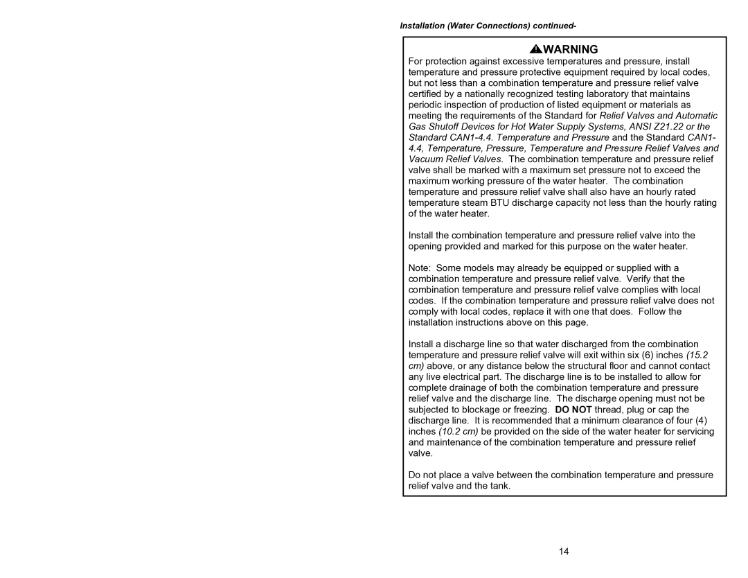 Bradford-White Corp 44219J, 238-44219-00J instruction manual Installation Water Connections 