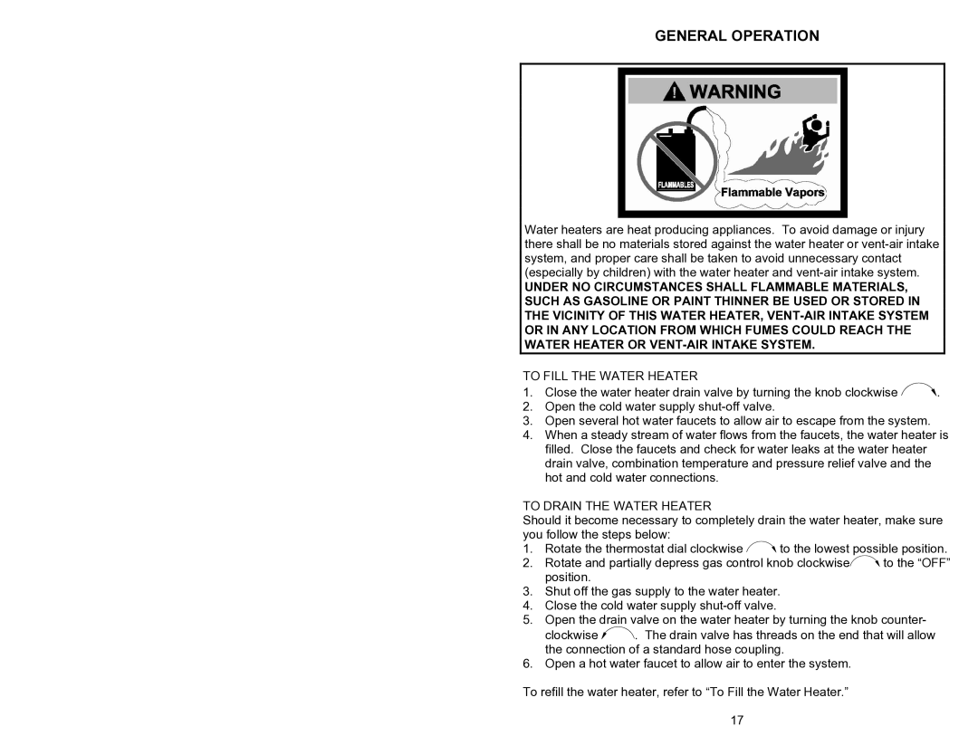 Bradford-White Corp 238-44219-00J, 44219J instruction manual General Operation, To Fill the Water Heater 