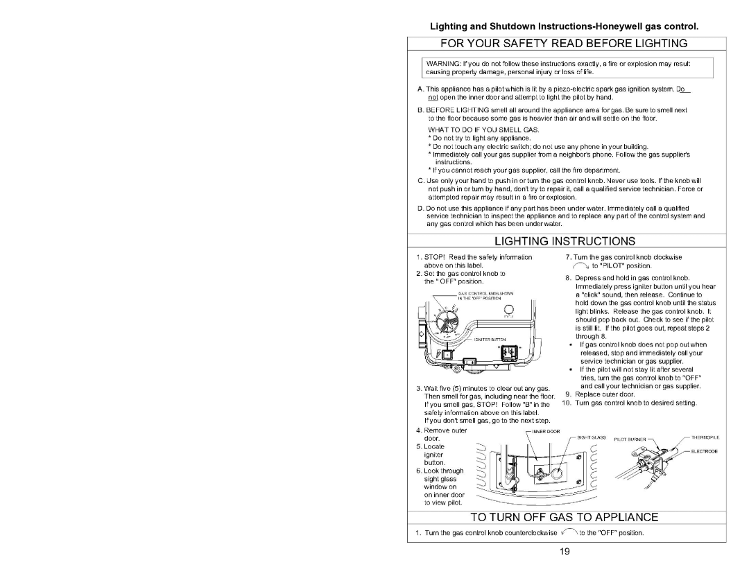 Bradford-White Corp 238-44219-00J, 44219J instruction manual Lighting and Shutdown Instructions-Honeywell gas control 