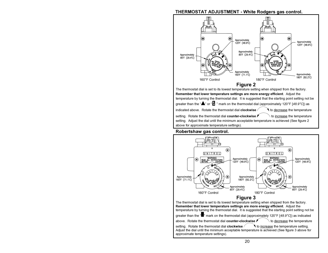 Bradford-White Corp 44219J, 238-44219-00J instruction manual Thermostat Adjustment White Rodgers gas control 