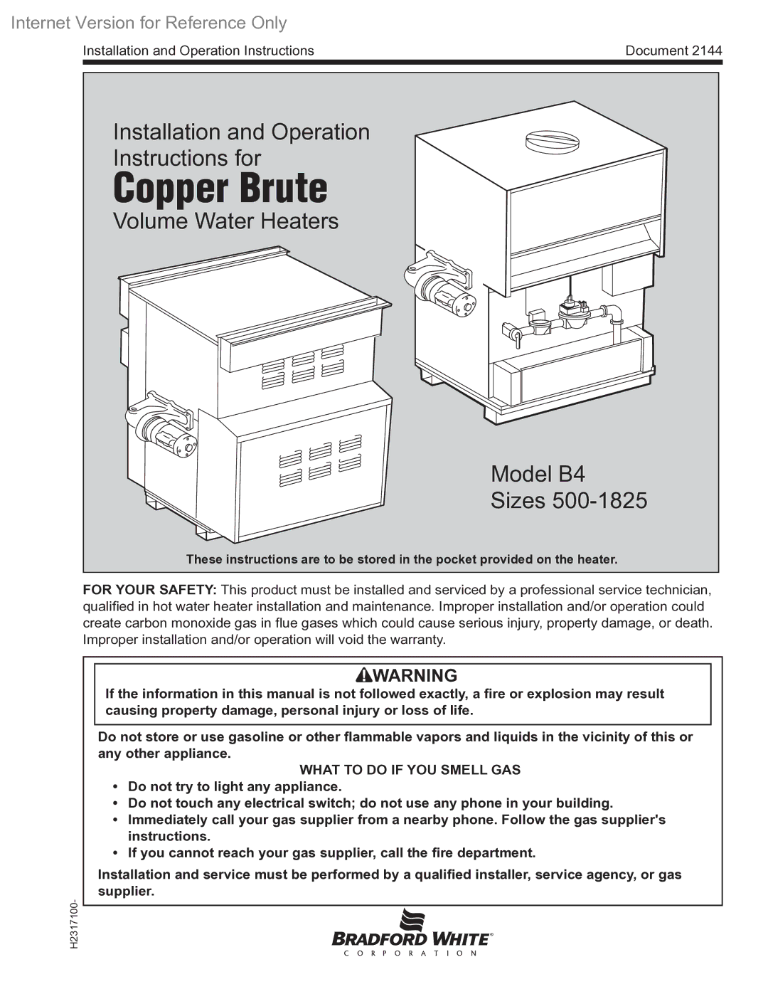 Bradford-White Corp 500-1825 warranty Copper Brute 