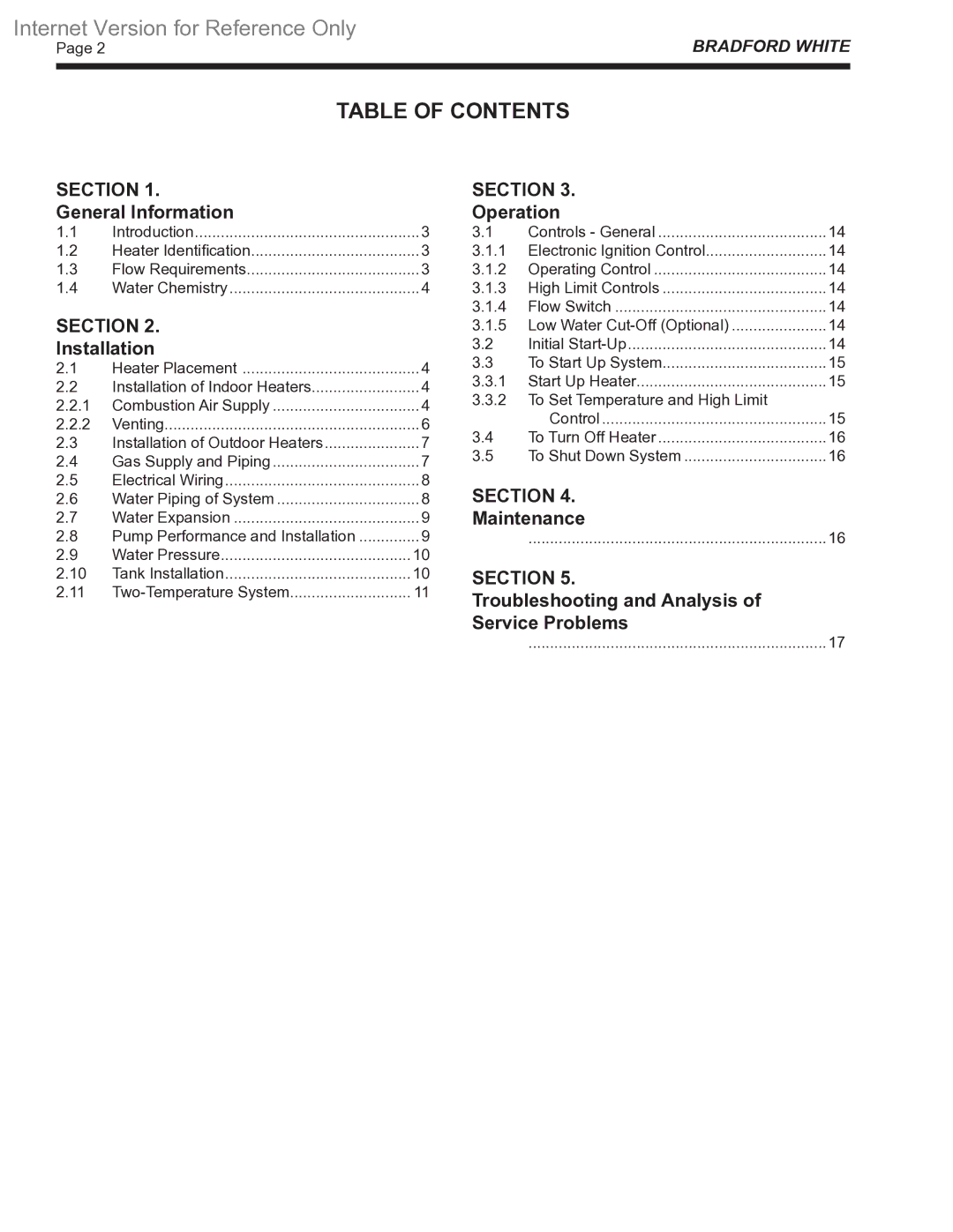 Bradford-White Corp 500-1825 warranty Table of Contents 