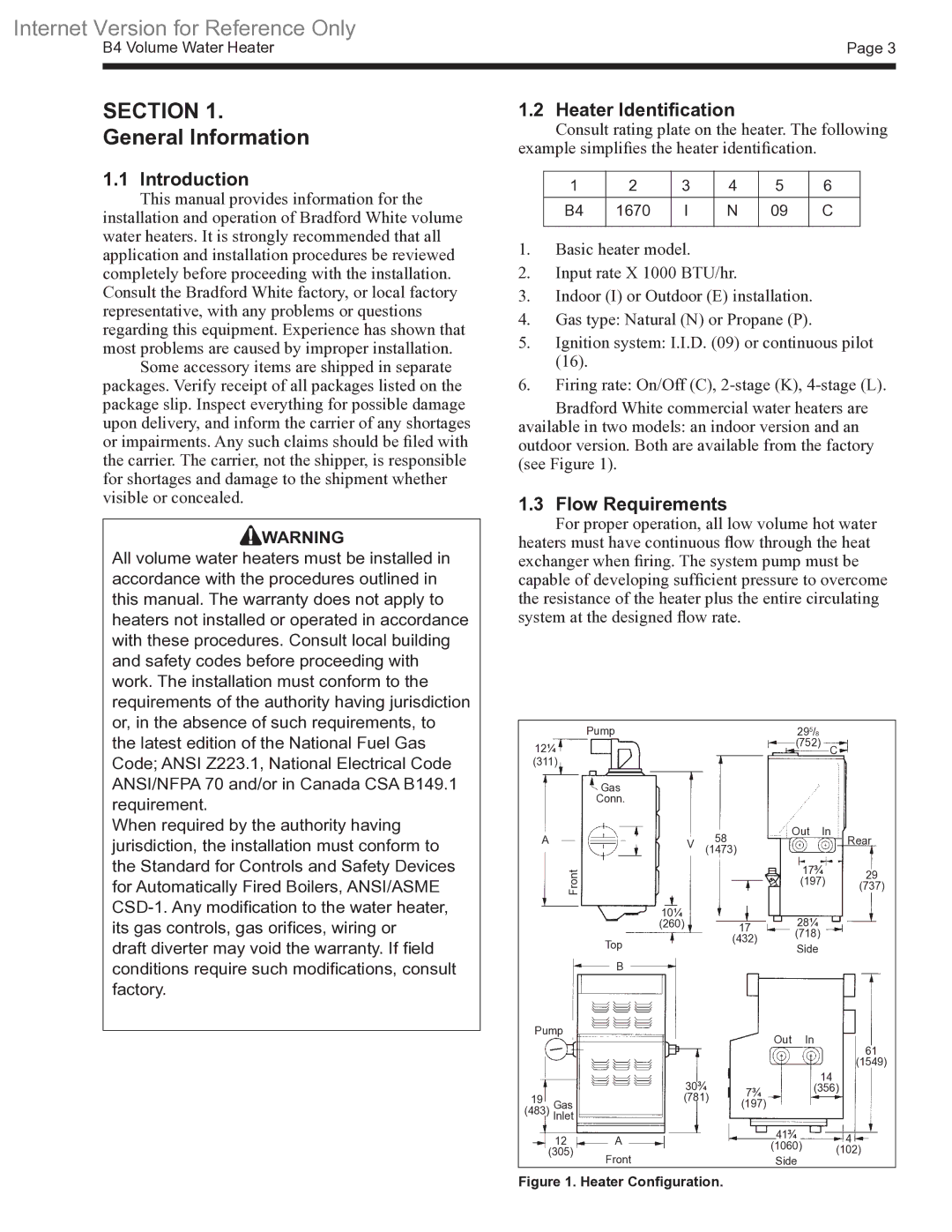 Bradford-White Corp 500-1825 warranty General Information, Introduction, Heater Identification, Flow Requirements 