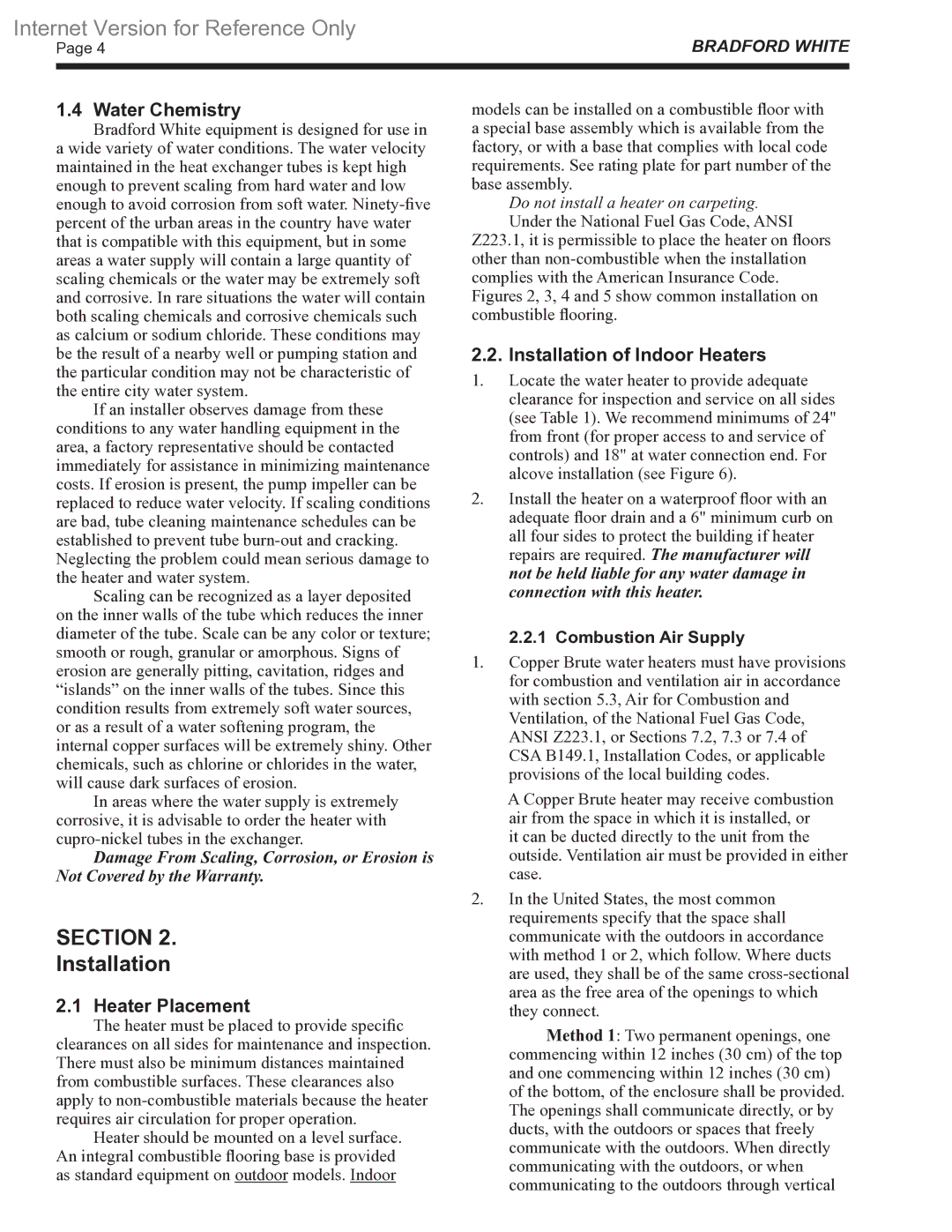 Bradford-White Corp 500-1825 Water Chemistry, Heater Placement, Installation of Indoor Heaters, Combustion Air Supply 