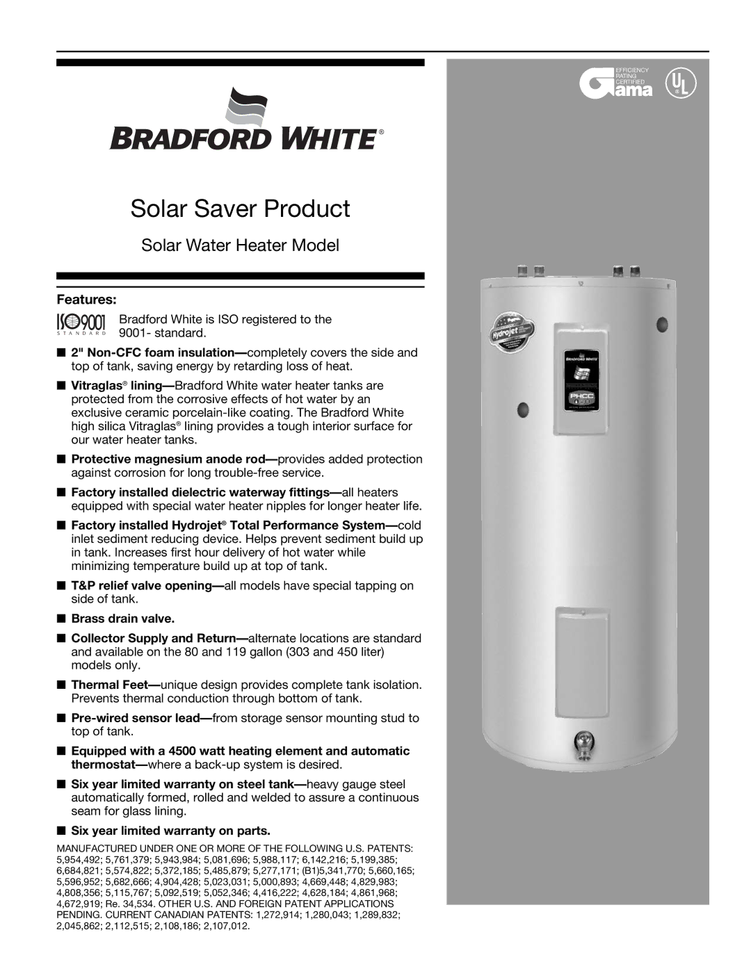 Bradford-White Corp 500-B warranty Solar Saver Product 