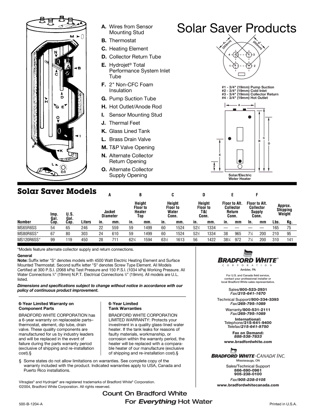 Bradford-White Corp 500-B warranty General, Year Limited Warranty on Component Parts, Year Limited Tank Warranties 