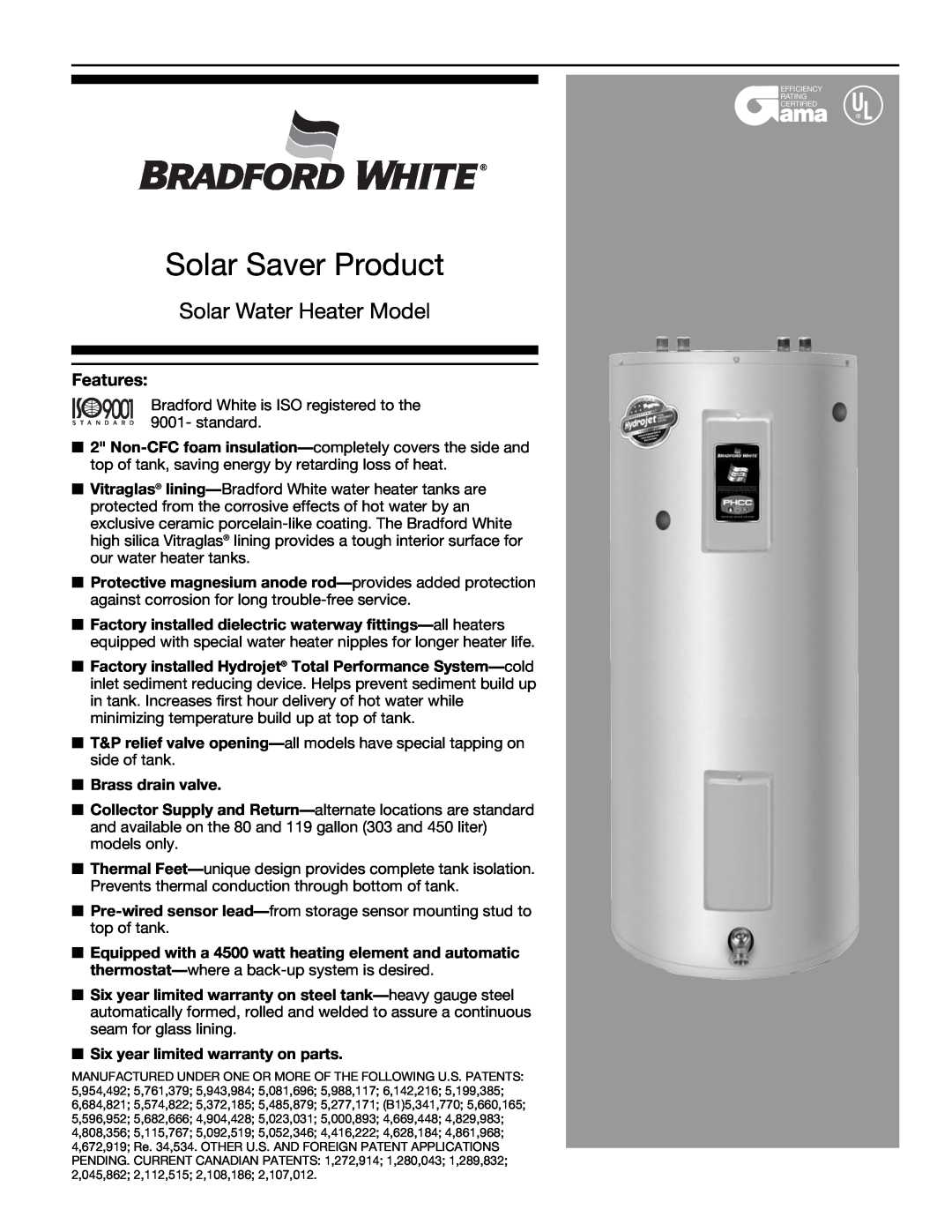 Bradford-White Corp 500-B warranty Solar Saver Product, Solar Water Heater Model, Features 