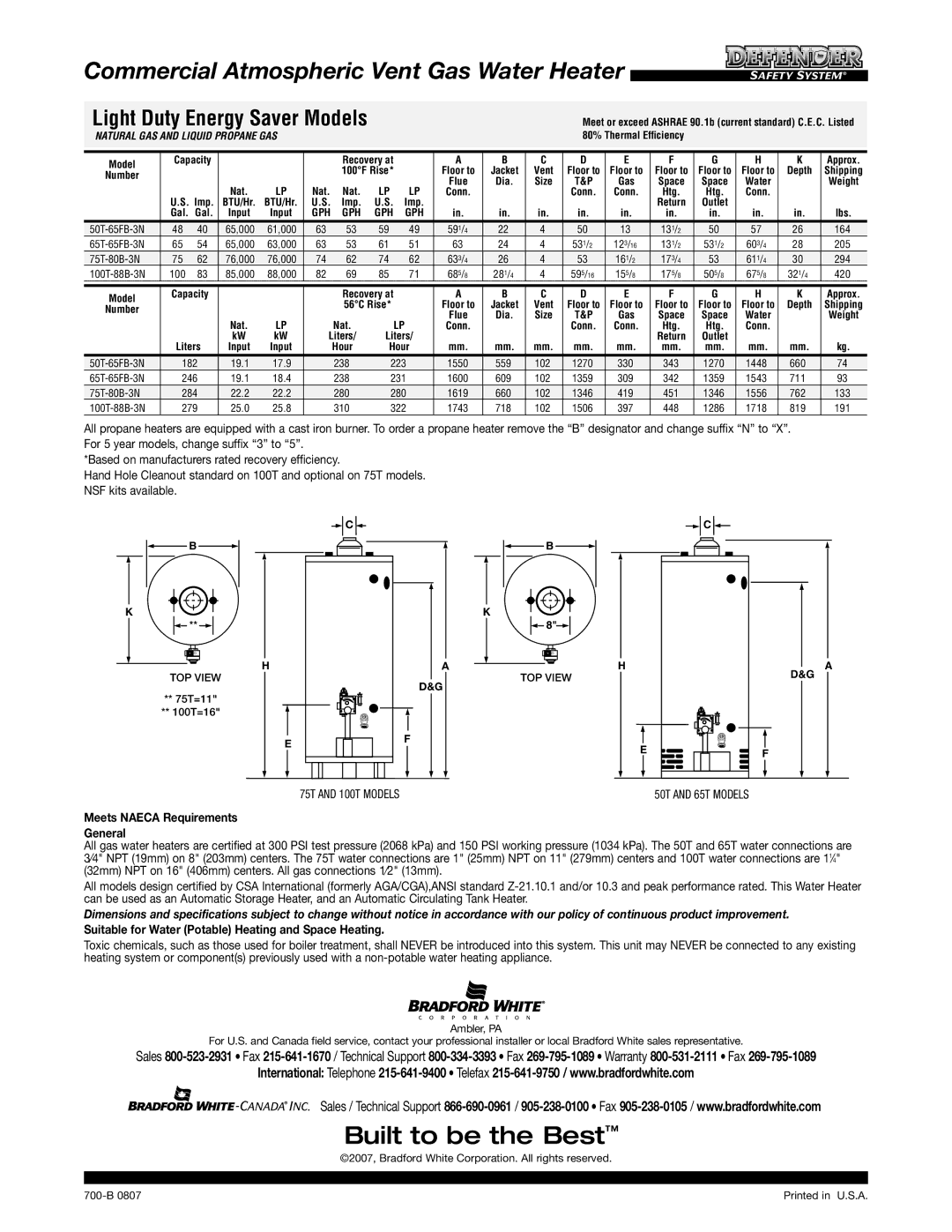 Bradford-White Corp 50T, 65T warranty Meets Naeca Requirements General, Suitable for Water Potable Heating and Space Heating 