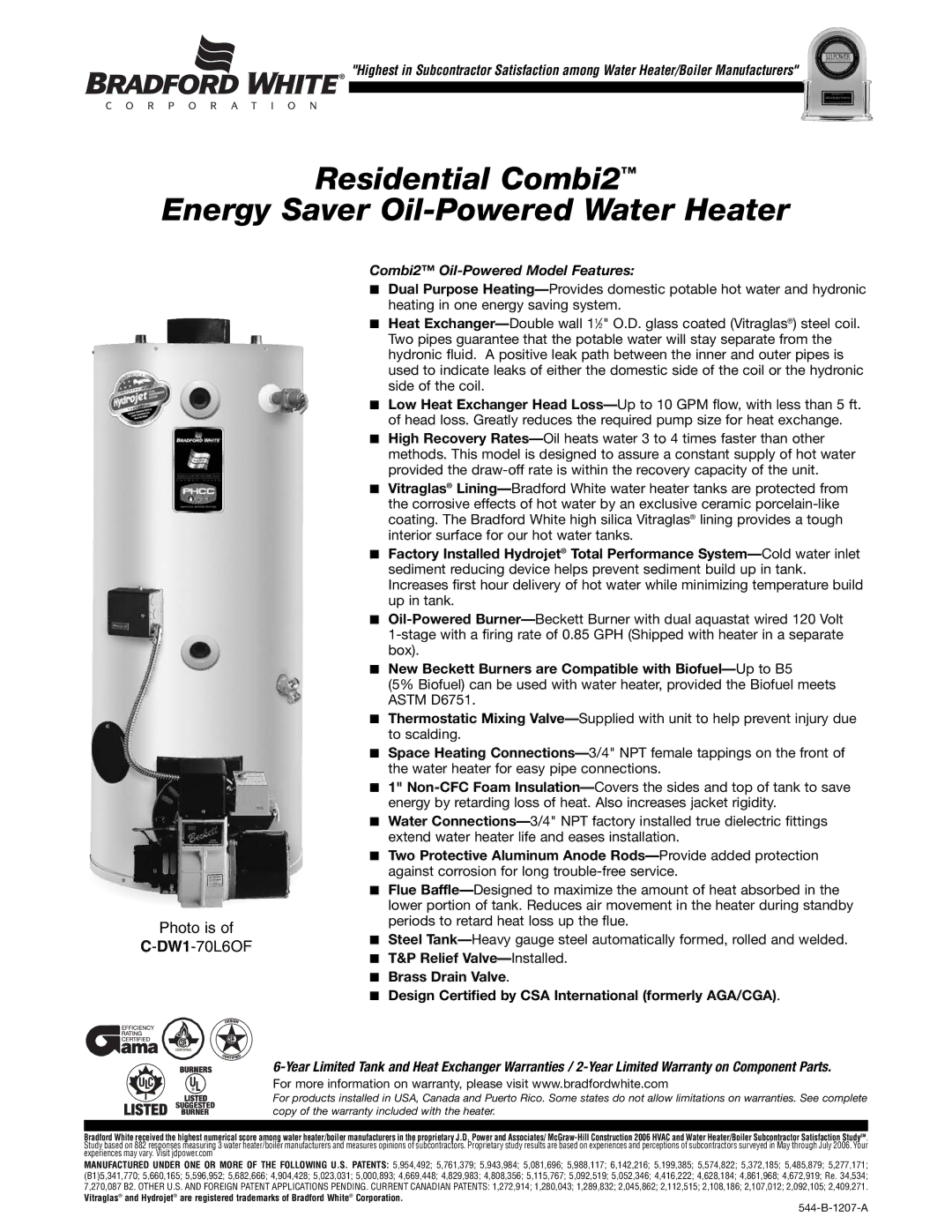 Bradford-White Corp 544-B warranty Residential Combi2 Energy Saver Oil-Powered Water Heater 