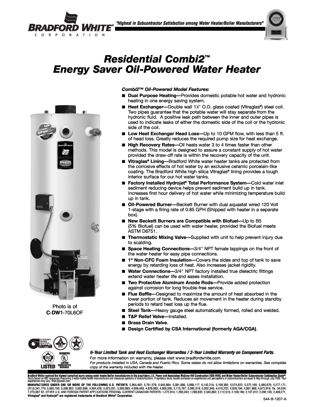 Bradford-White Corp 544-B warranty Residential Combi2 Energy Saver Oil-Powered Water Heater, Photo is of C-DW1-70L6OF 
