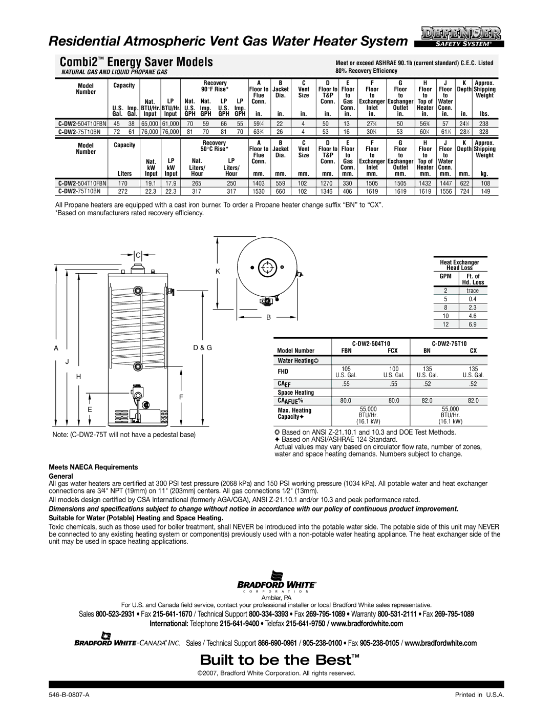 Bradford-White Corp 546-B Residential Atmospheric Vent Gas Water Heater System, Combi2 Energy Saver Models, General 