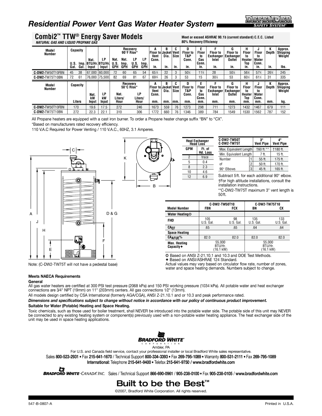 Bradford-White Corp 547-B warranty Meets Naeca Requirements, General, Suitable for Water Potable Heating and Space Heating 