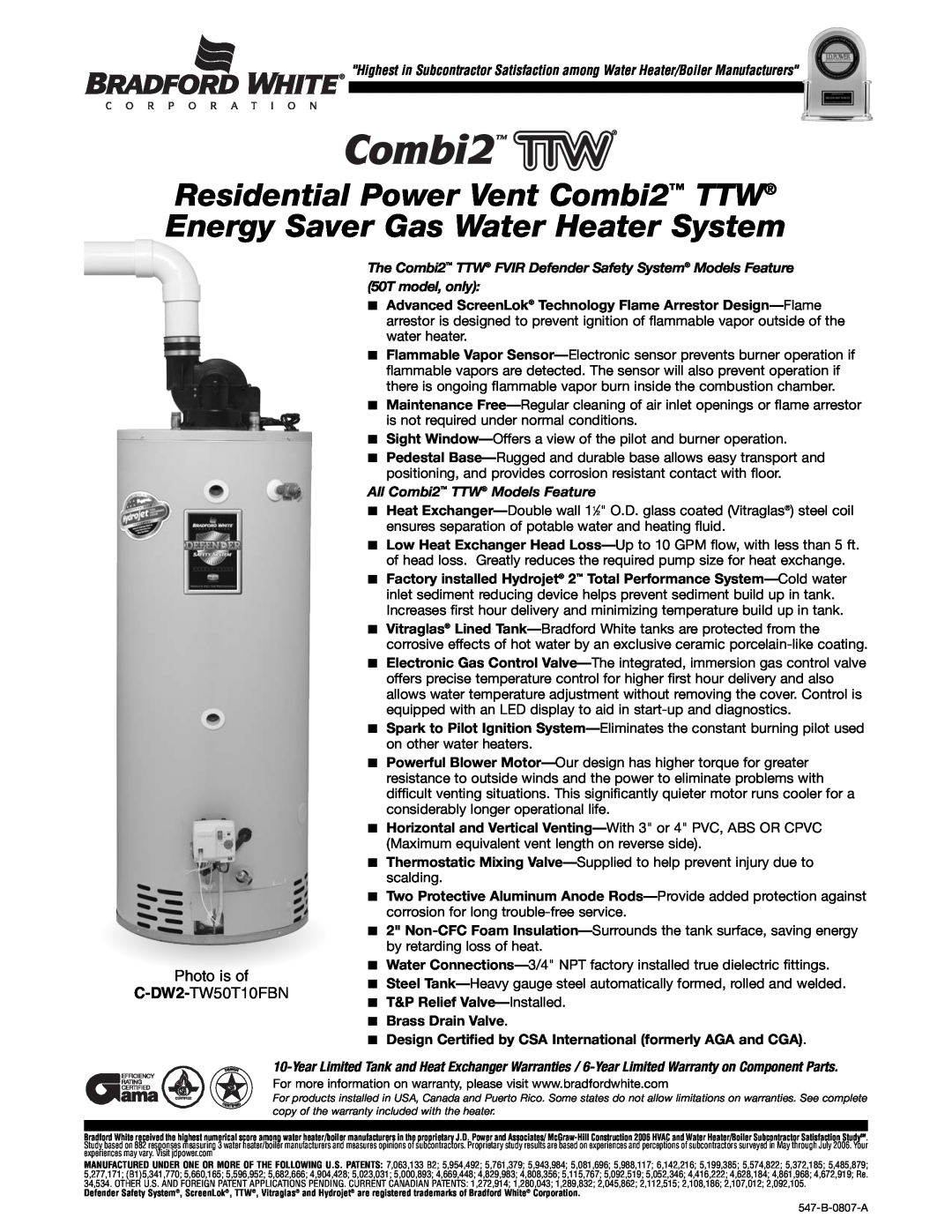 Bradford-White Corp 547-B warranty Photo is of C-DW2-TW50T10FBN, The Combi2 TTW FVIR Defender Safety System Models Feature 