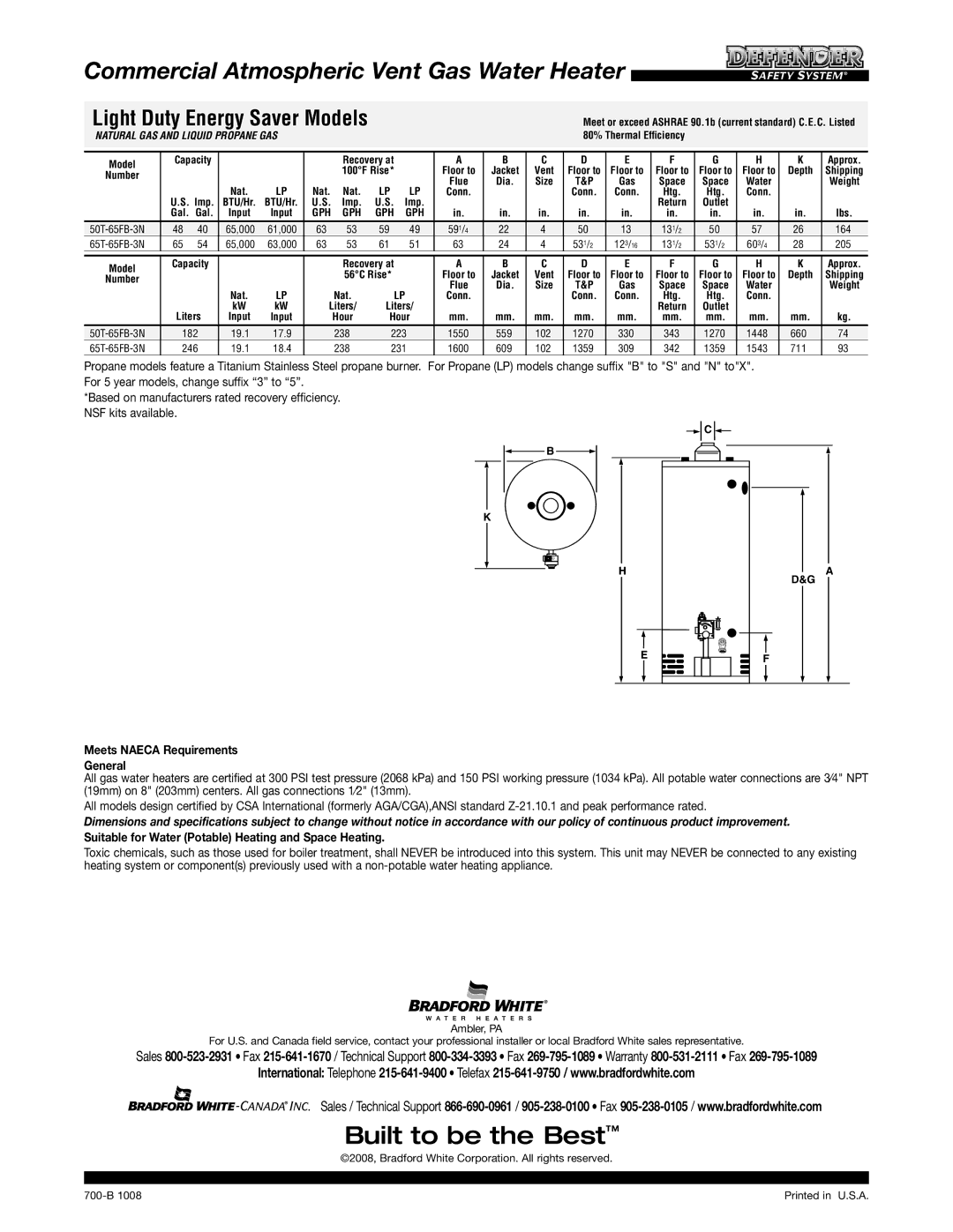 Bradford-White Corp 65T-65FB-3N warranty Commercial Atmospheric Vent Gas Water Heater, Light Duty Energy Saver Models, Gph 