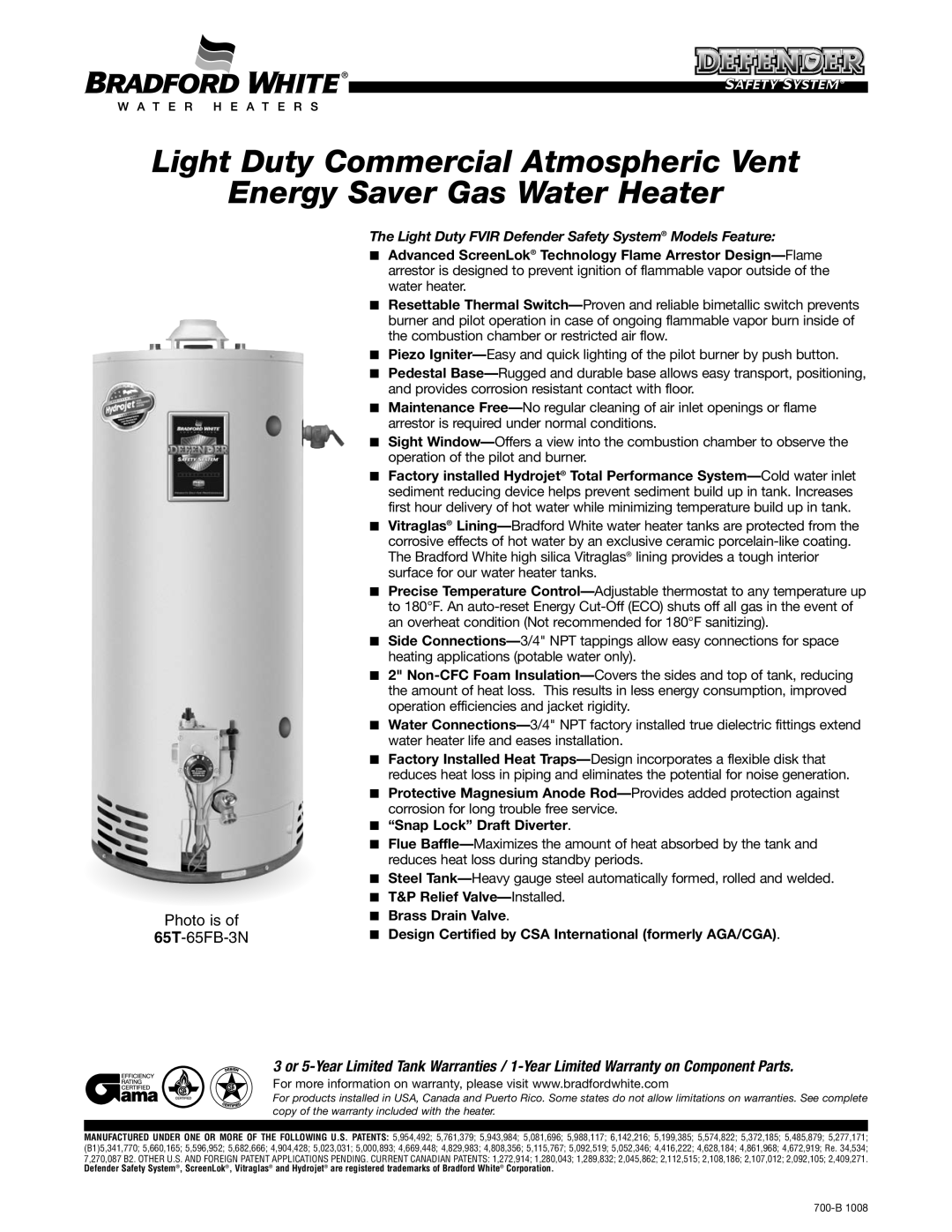 Bradford-White Corp 65T-65FB-3N warranty Light Duty Commercial Atmospheric Vent Energy Saver Gas Water Heater 