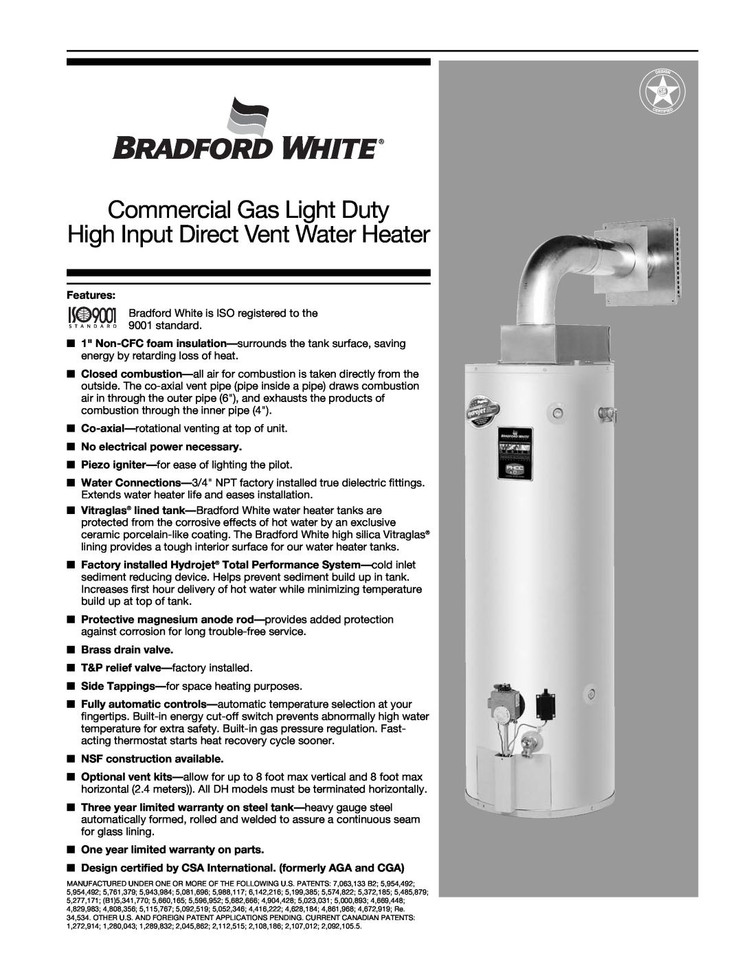 Bradford-White Corp 705-B warranty Commercial Gas Light Duty High Input Direct Vent Water Heater, 9001, Features 