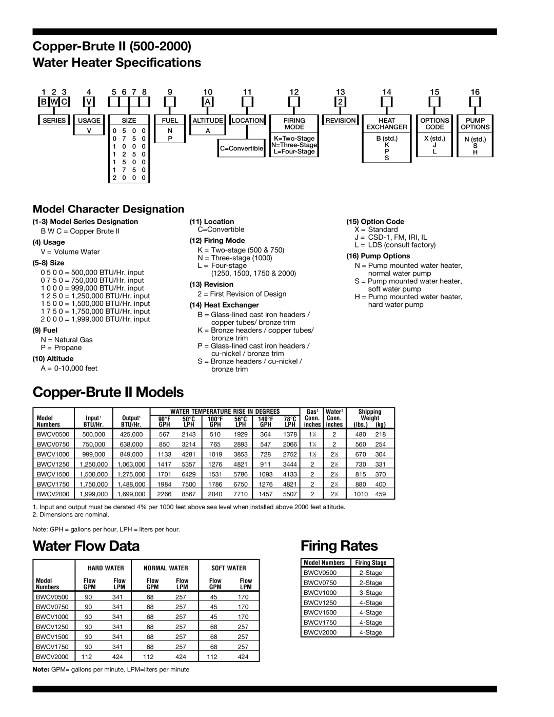 Bradford-White Corp 720-B Copper-Brute II 500-2000 Water Heater Specifications, Gas2 Water2 Shipping Model Input Output1 