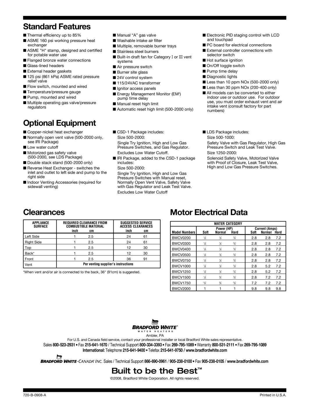 Bradford-White Corp 720-B warranty Standard Features, Optional Equipment, Clearances, Motor Electrical Data 