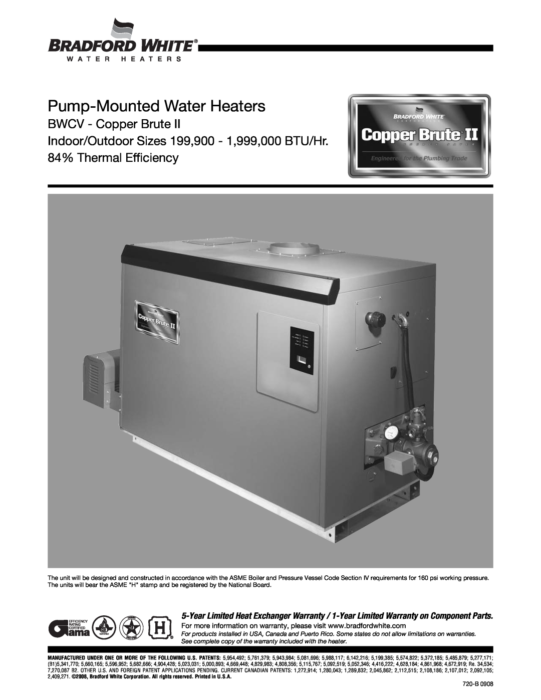 Bradford-White Corp 720-B warranty Pump-Mounted Water Heaters, 84% Thermal Efficiency 