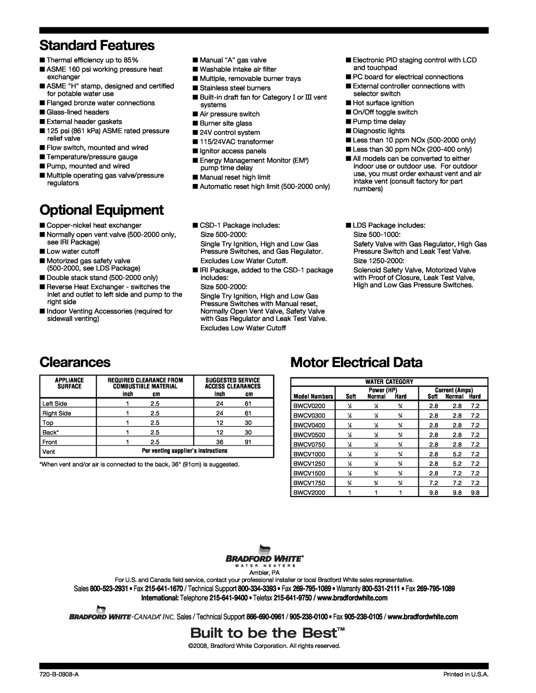 Bradford-White Corp 720-B Standard Features, Optional Equipment, Clearances, Motor Electrical Data, Printed in U.S.A 