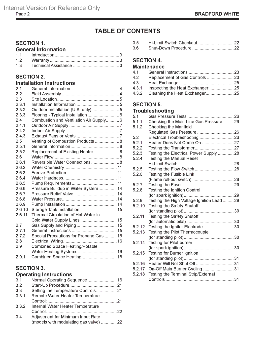 Bradford-White Corp B4 warranty Table of Contents 