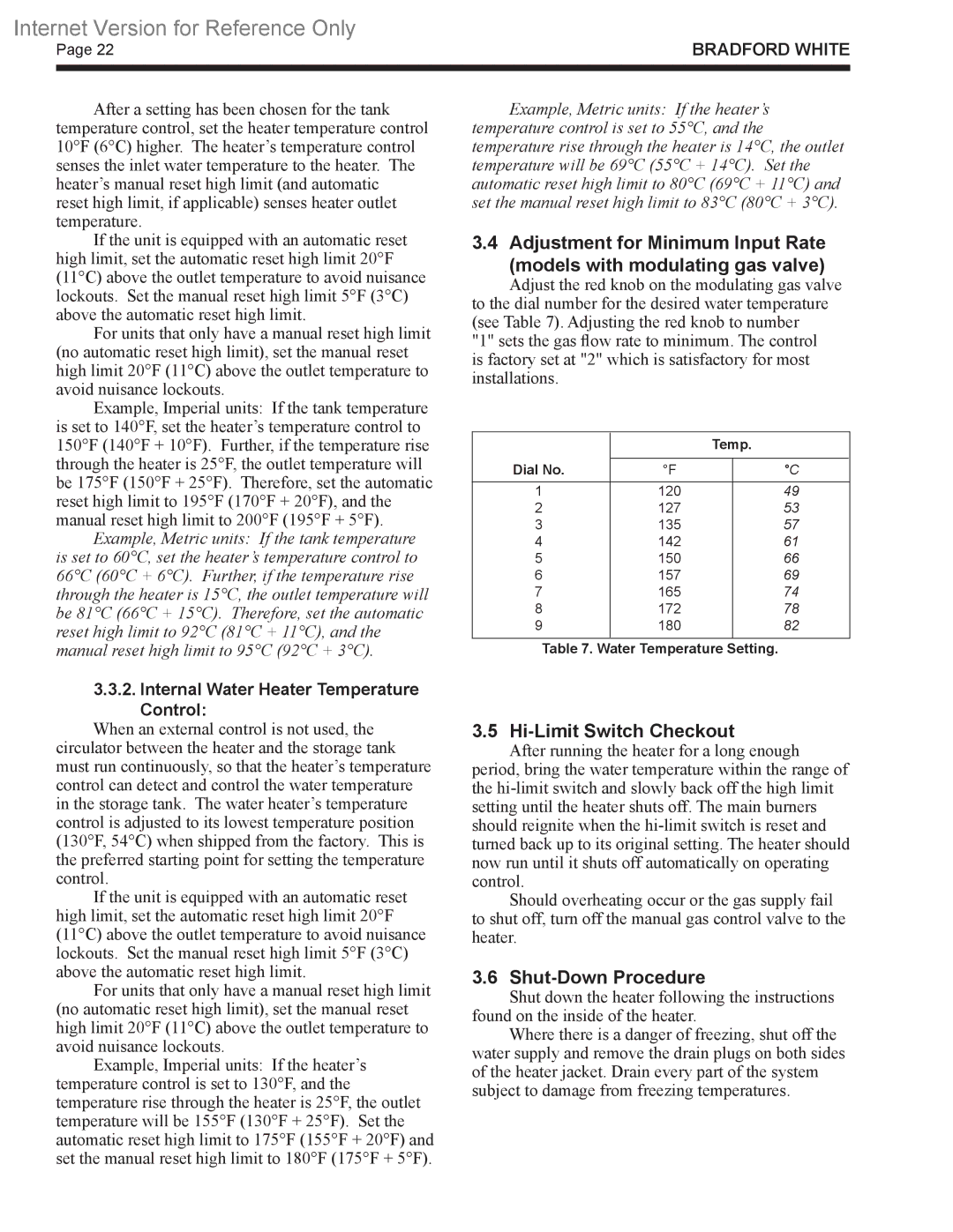 Bradford-White Corp B4 warranty Hi-Limit Switch Checkout, Shut-Down Procedure, Internal Water Heater Temperature Control 