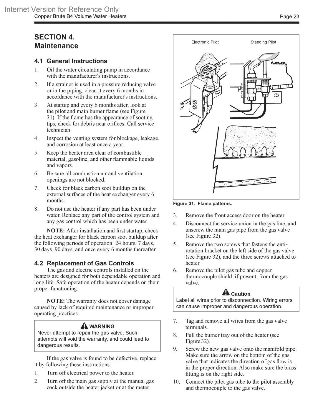 Bradford-White Corp B4 warranty Maintenance, General Instructions, Replacement of Gas Controls 