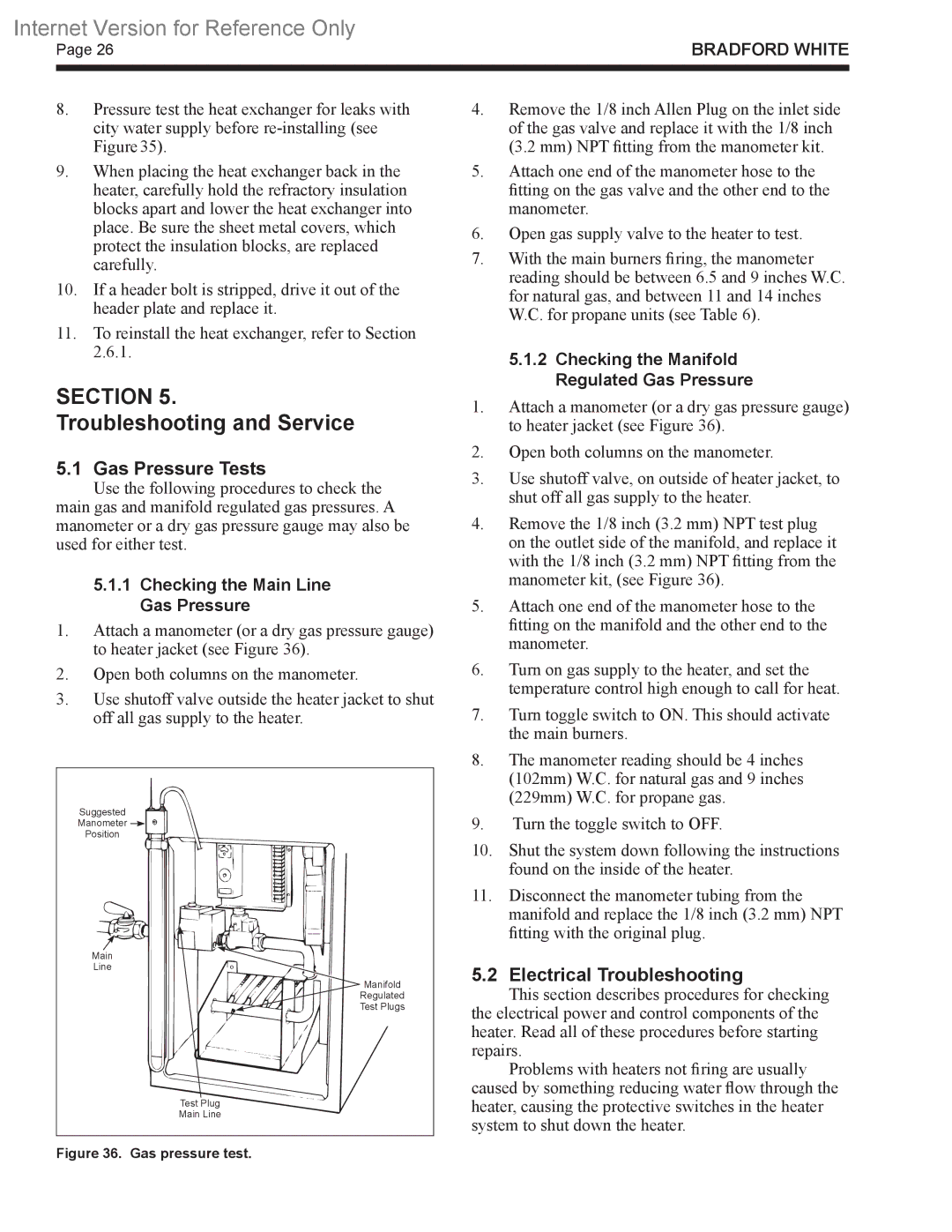 Bradford-White Corp B4 warranty Gas Pressure Tests, Electrical Troubleshooting, Checking the Main Line Gas Pressure 