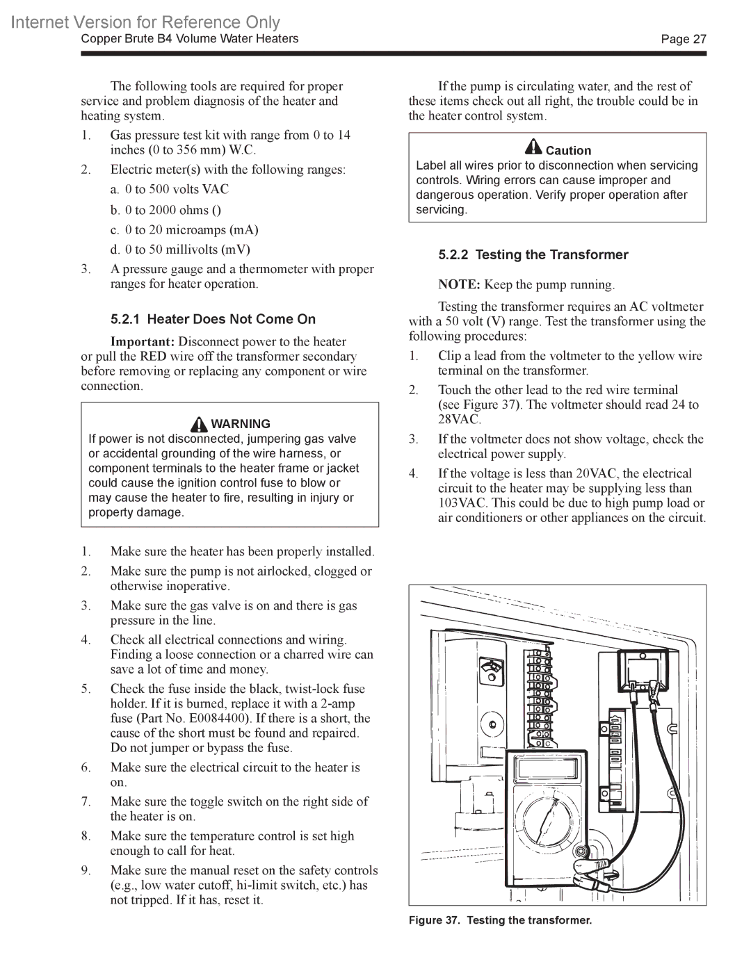 Bradford-White Corp B4 warranty Heater Does Not Come On, Testing the Transformer 