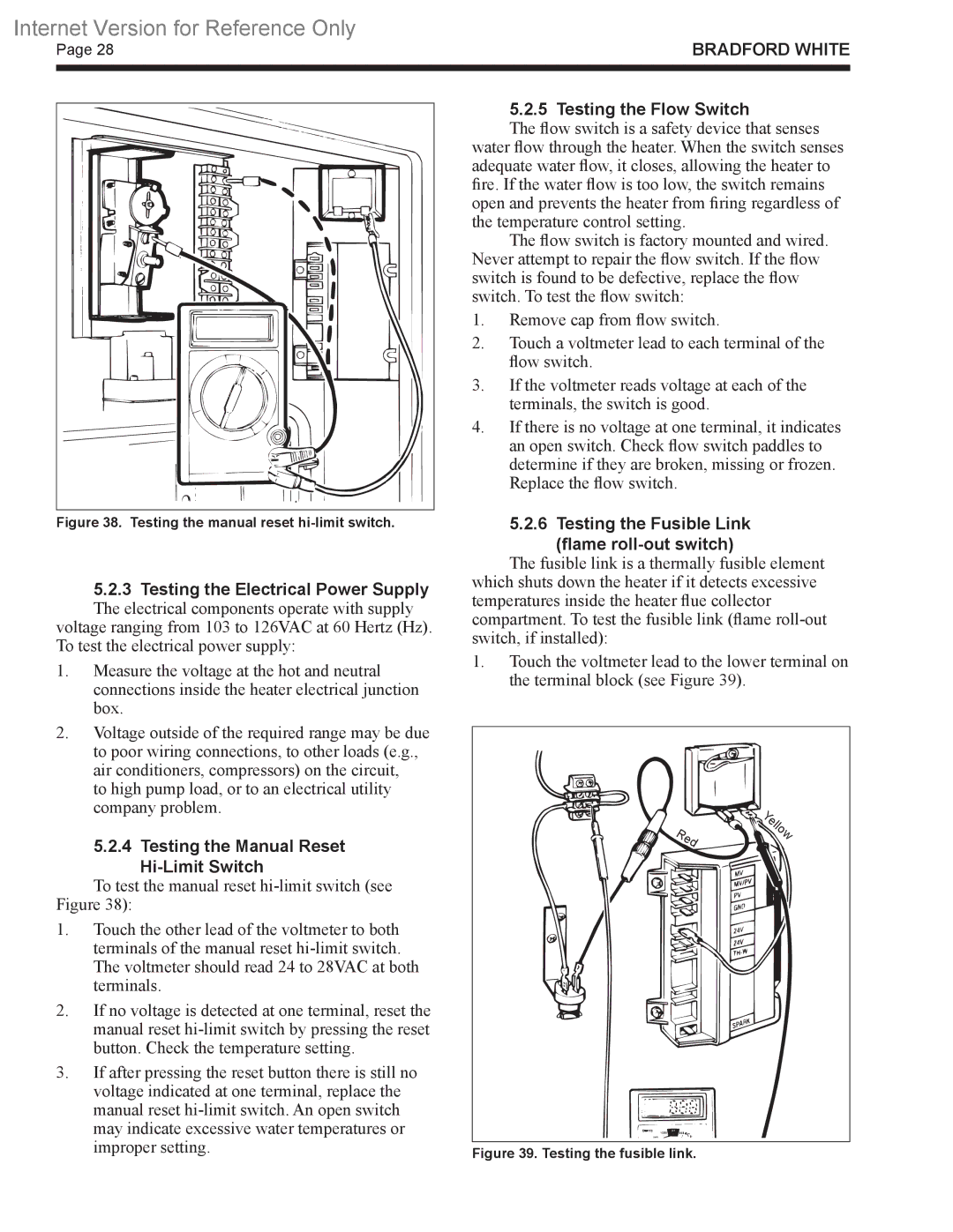 Bradford-White Corp B4 warranty Testing the Electrical Power Supply, Testing the Manual Reset Hi-Limit Switch 