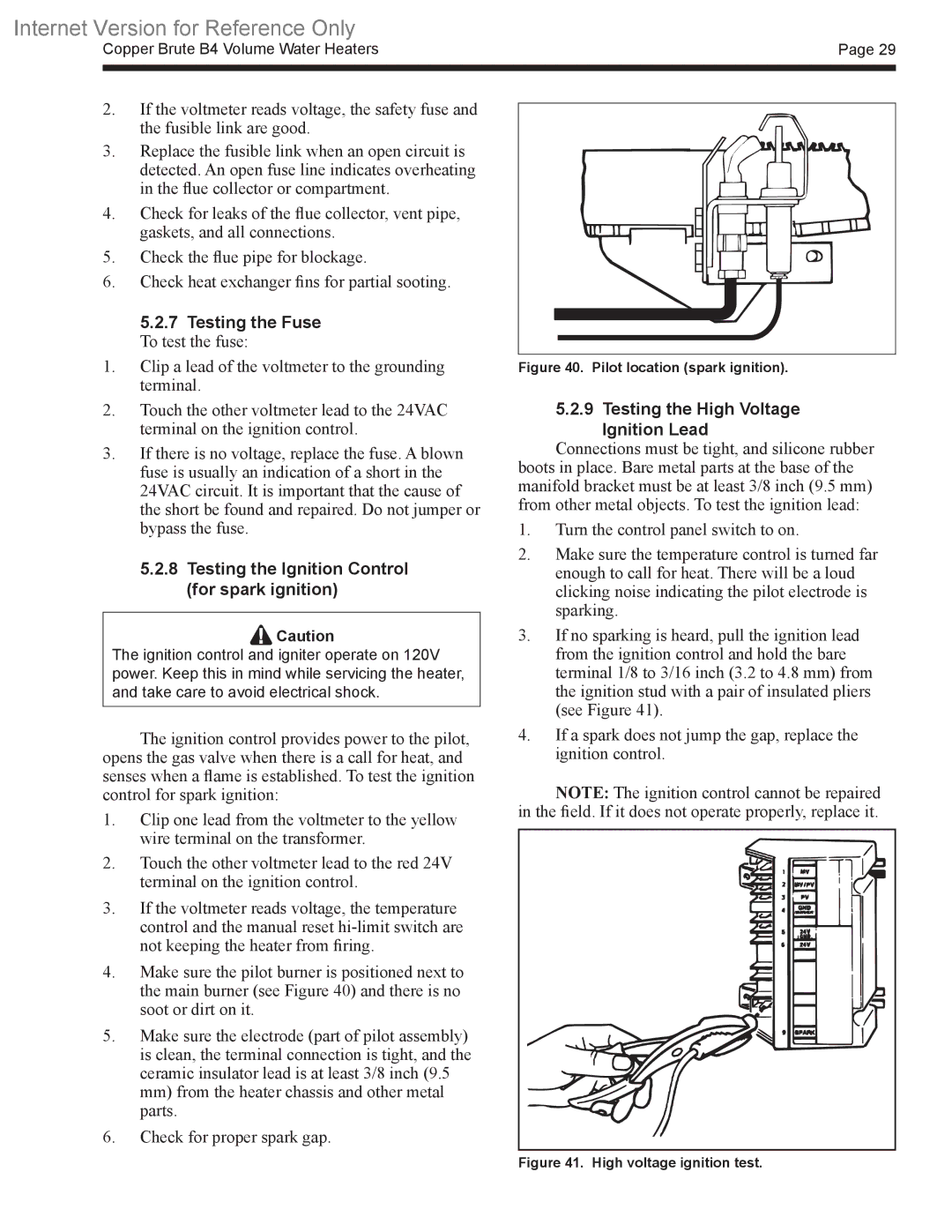 Bradford-White Corp B4 warranty Testing the Fuse, Testing the Ignition Control for spark ignition 