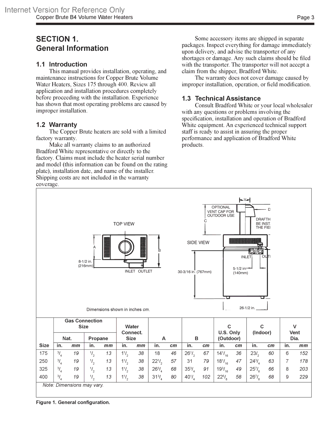 Bradford-White Corp B4 warranty General Information, Introduction, Warranty, Technical Assistance 