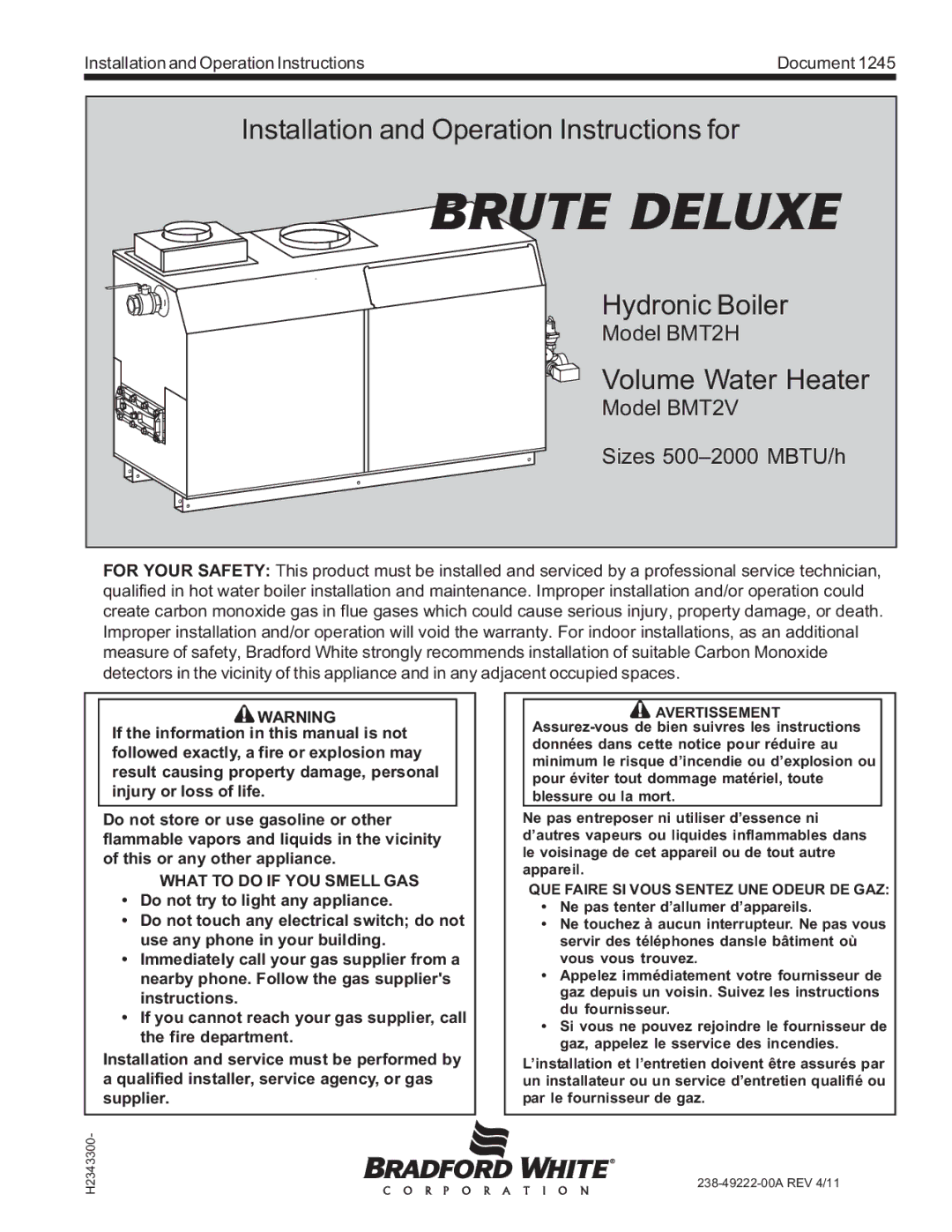 Bradford-White Corp BMT2H, BMT2V, Hydronic Boiler, Water Volume Heater warranty Brute Deluxe 