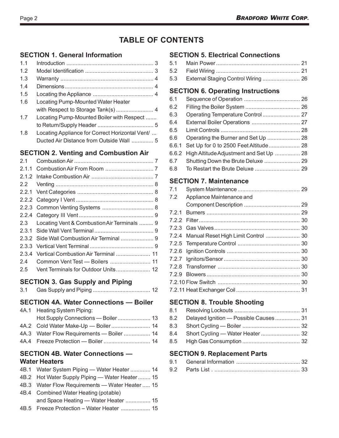 Bradford-White Corp Hydronic Boiler, Water Volume Heater, BMT2V, BMT2H warranty Table of Contents 