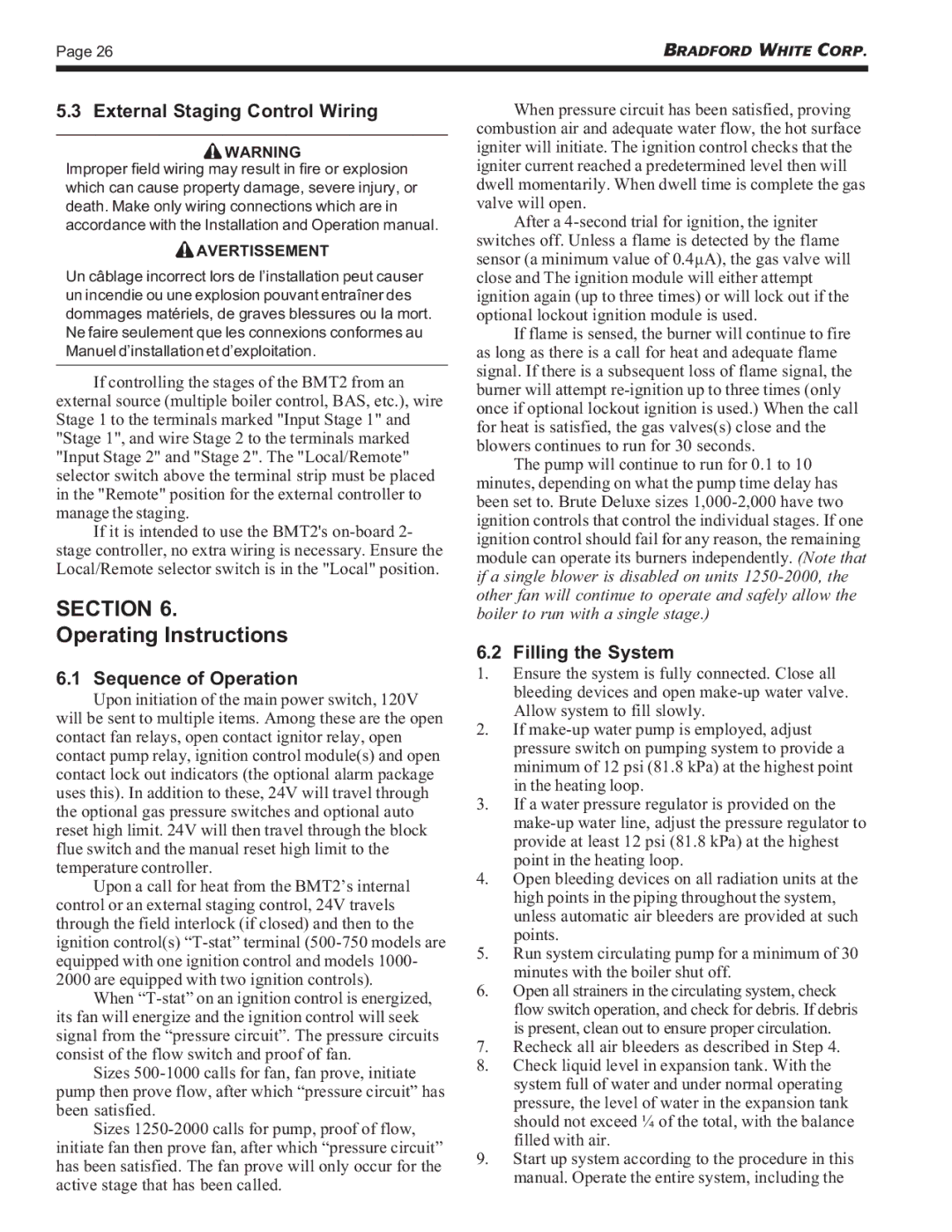 Bradford-White Corp Hydronic Boiler, Water Volume Heater, BMT2V Operating Instructions, External Staging Control Wiring 