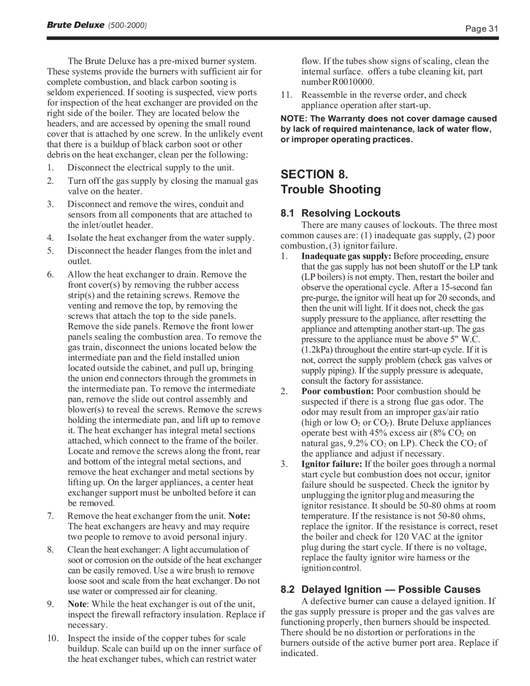 Bradford-White Corp BMT2H, BMT2V warranty Trouble Shooting, Resolving Lockouts, Delayed Ignition Possible Causes 