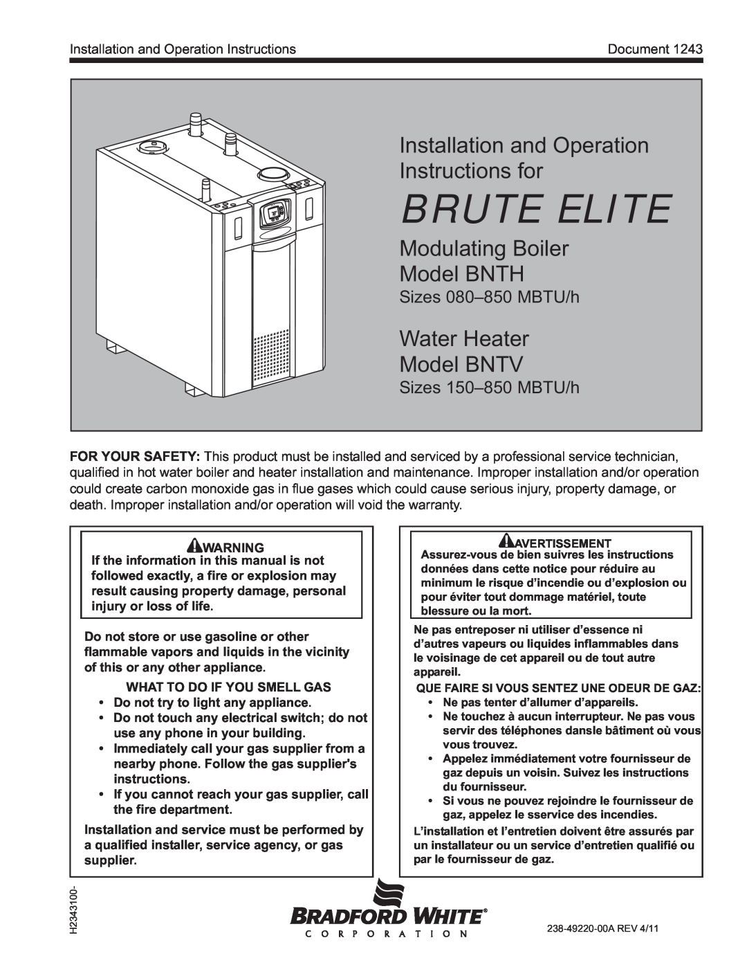 Bradford-White Corp warranty Installation and Operation Instructions, Document, Brute Elite, Water Heater Model BNTV 