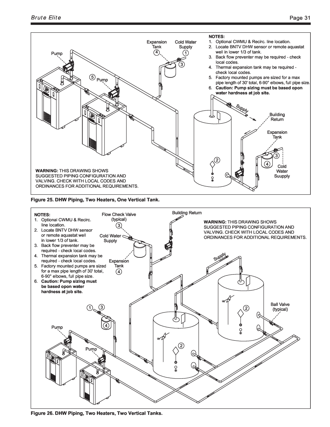 Bradford-White Corp BNTV Brute Elite, DHW Piping, Two Heaters, One Vertical Tank, Caution Pump sizing must be based opon 