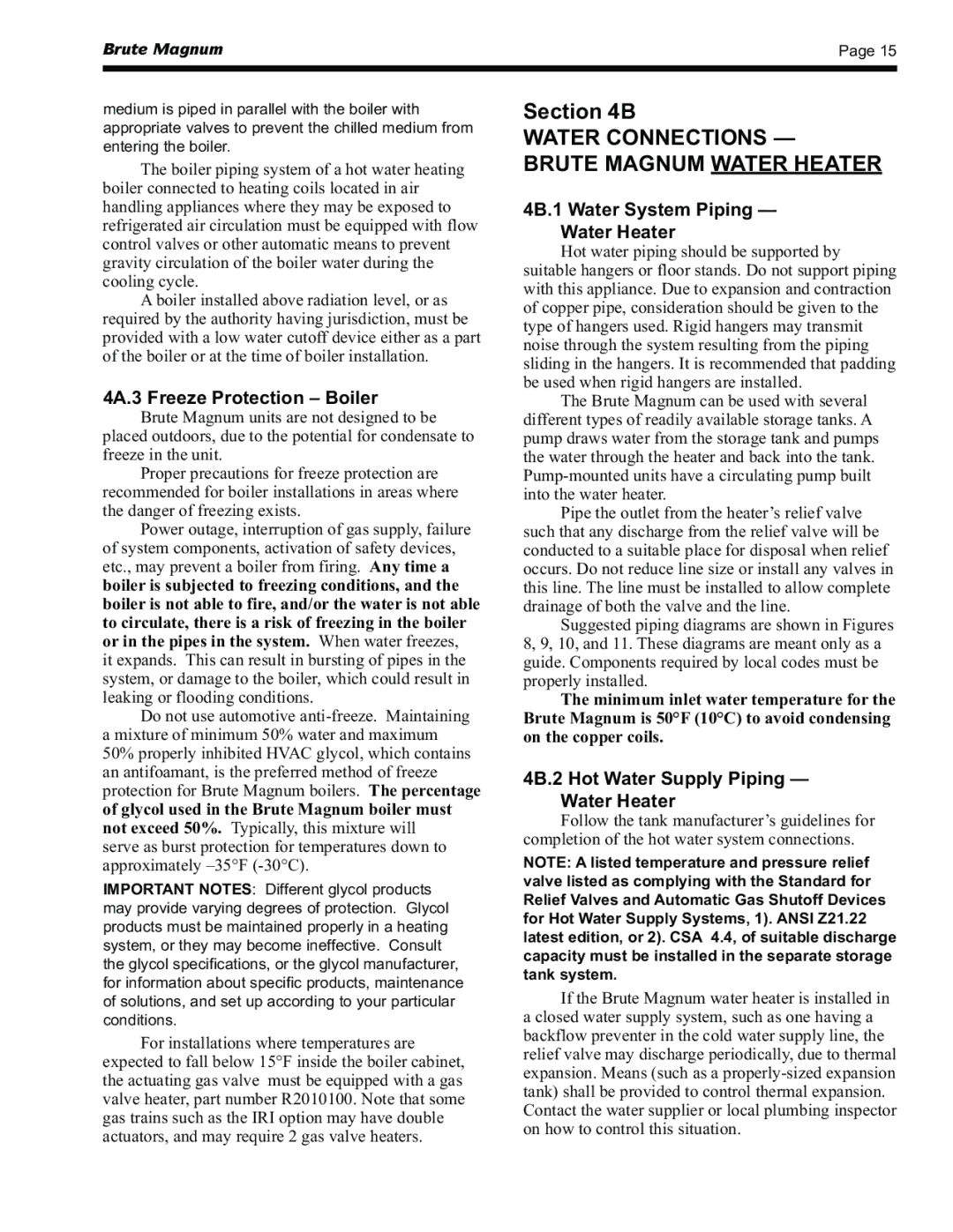 Bradford-White Corp BRHHH, BRHHV warranty Water Connections Brute Magnum Water Heater, 4A.3 Freeze Protection Boiler 