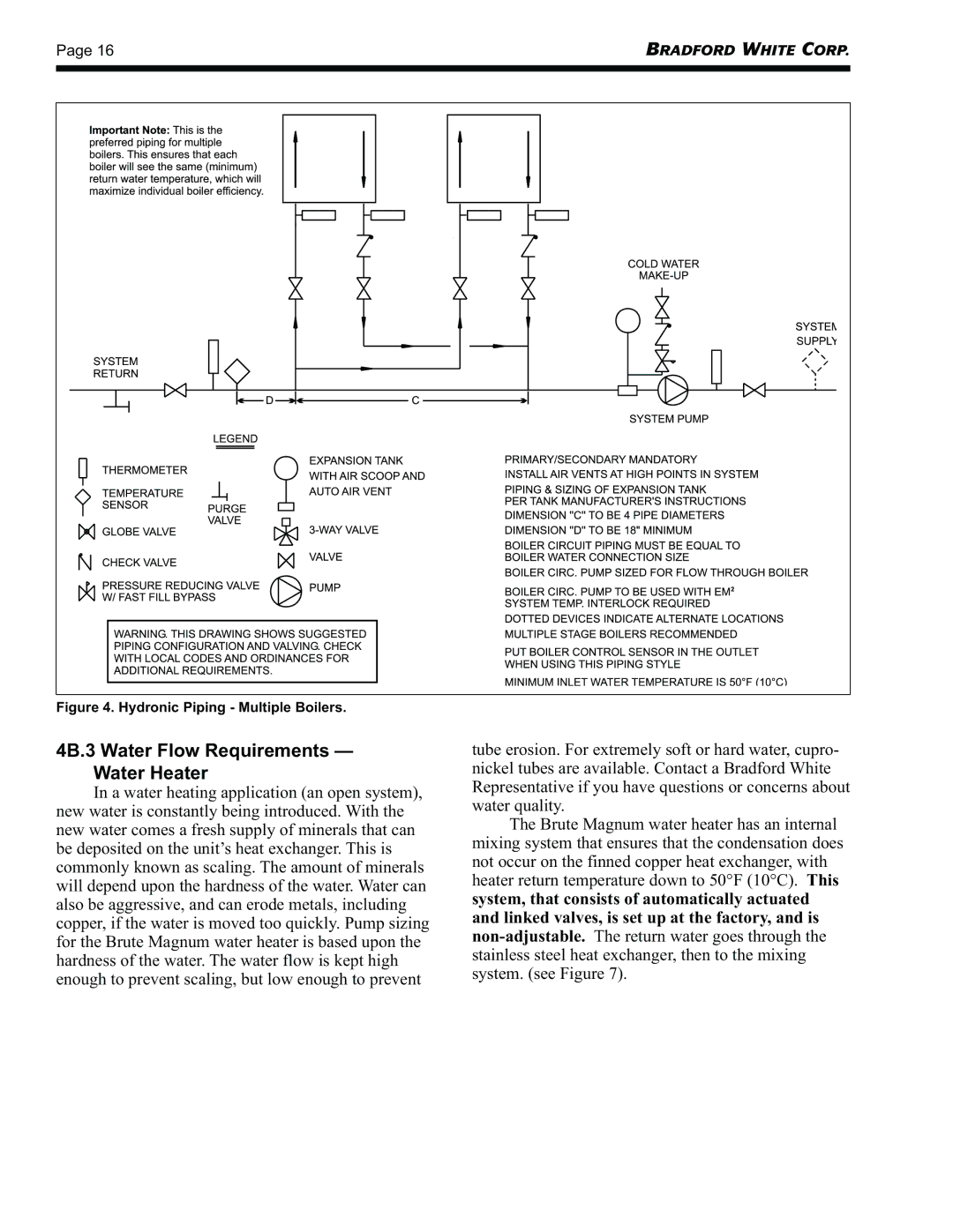 Bradford-White Corp BRHHV, BRHHH warranty 4B.3 Water Flow Requirements Water Heater, Hydronic Piping Multiple Boilers 