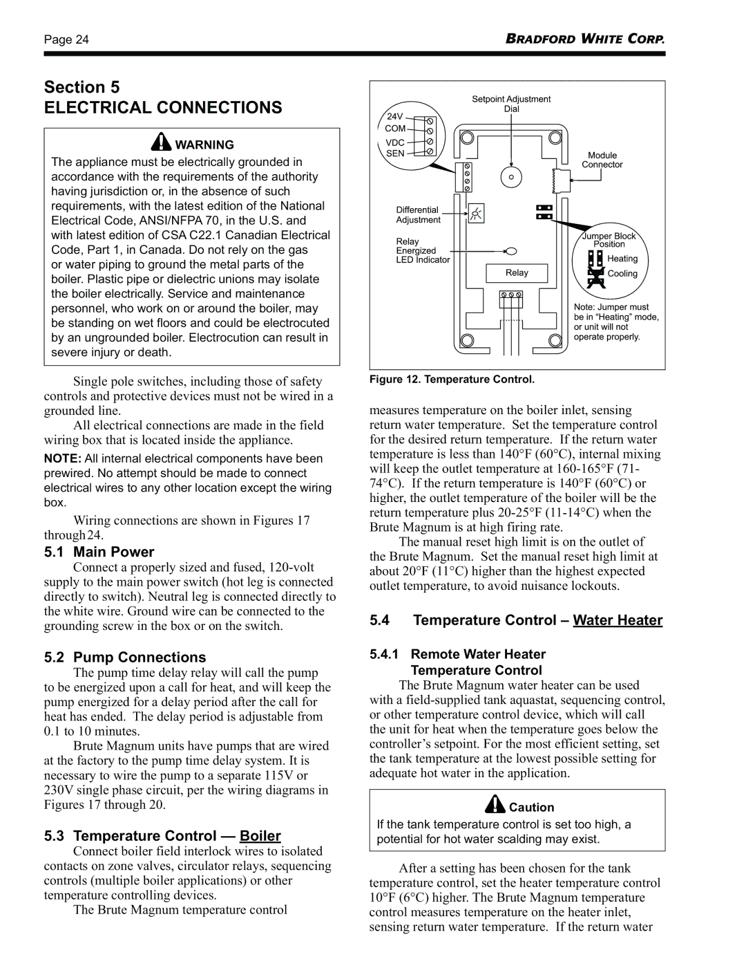 Bradford-White Corp BRHHV, BRHHH warranty Electrical Connections, Main Power, Pump Connections, Temperature Control Boiler 