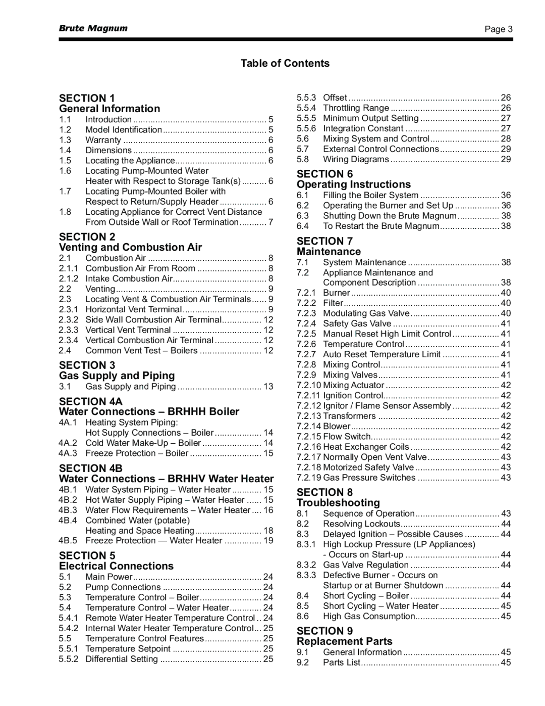 Bradford-White Corp BRHHH Table of Contents, General Information, Operating Instructions, Venting and Combustion Air 