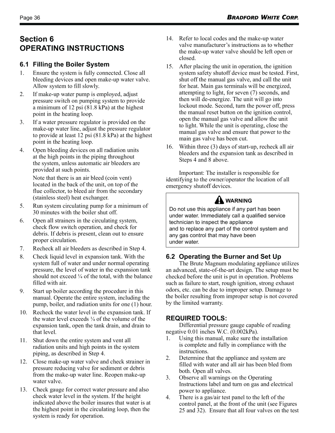 Bradford-White Corp BRHHV, BRHHH warranty Operating Instructions, Filling the Boiler System, Operating the Burner and Set Up 